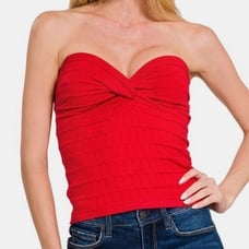 Zenana Ruched Twisted Sweetheart Neck Top Red Strapless Top sz Large