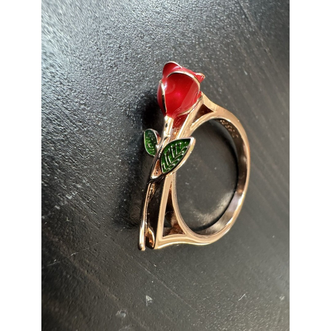 585 14K RG Stamped Rose Gold Romance Red Rose Enamel Size 7 Ring
