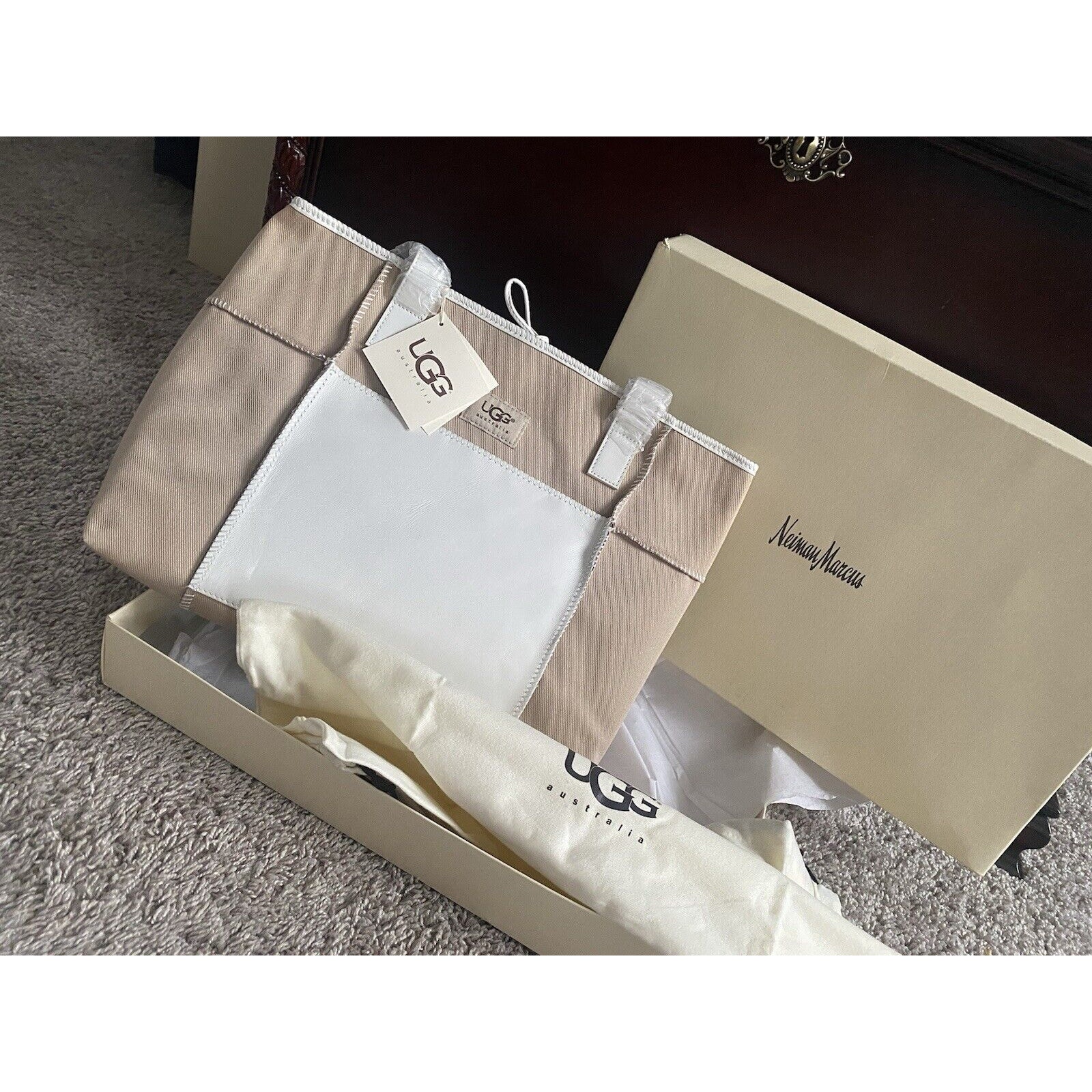 Authentic Canvas/White Leather Ugg Med Tote #SA603 NWT And Box