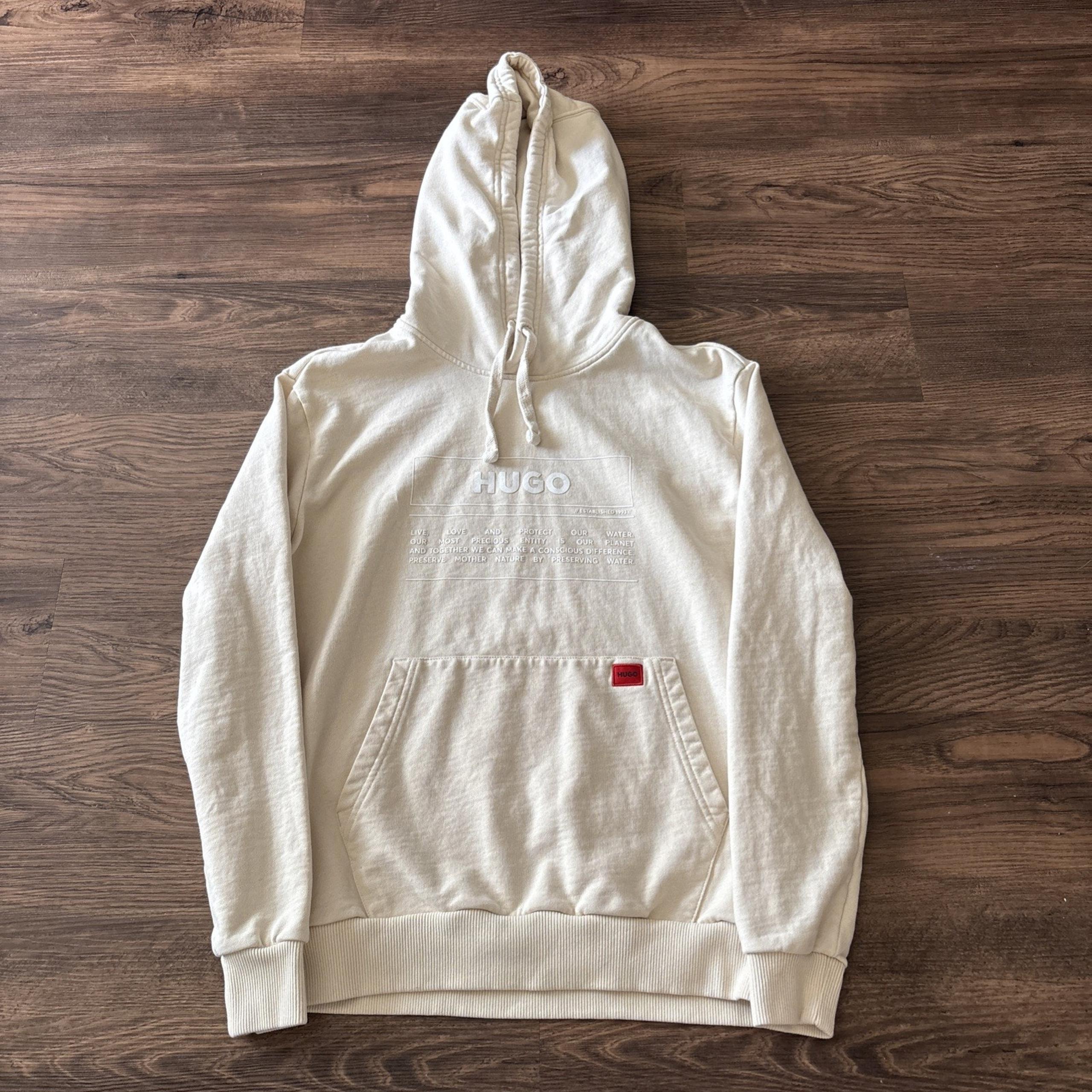 Hugo Boss Hoodie Mens Sz XS Logo Planet Sweatshirt Pullover Cotton Cream