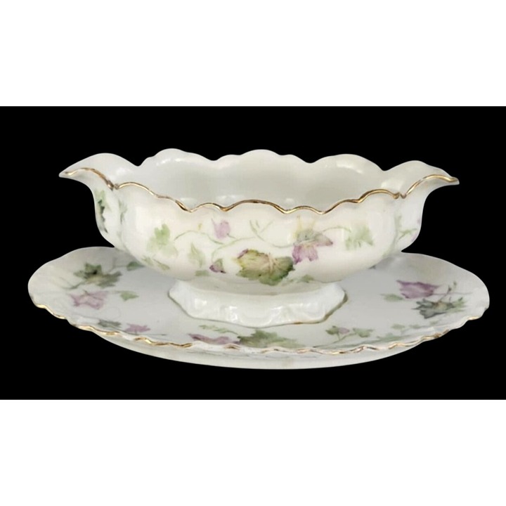 Haviland Limoges France Gravy Boat Attached Plate Handpainted Vintage Porcelain