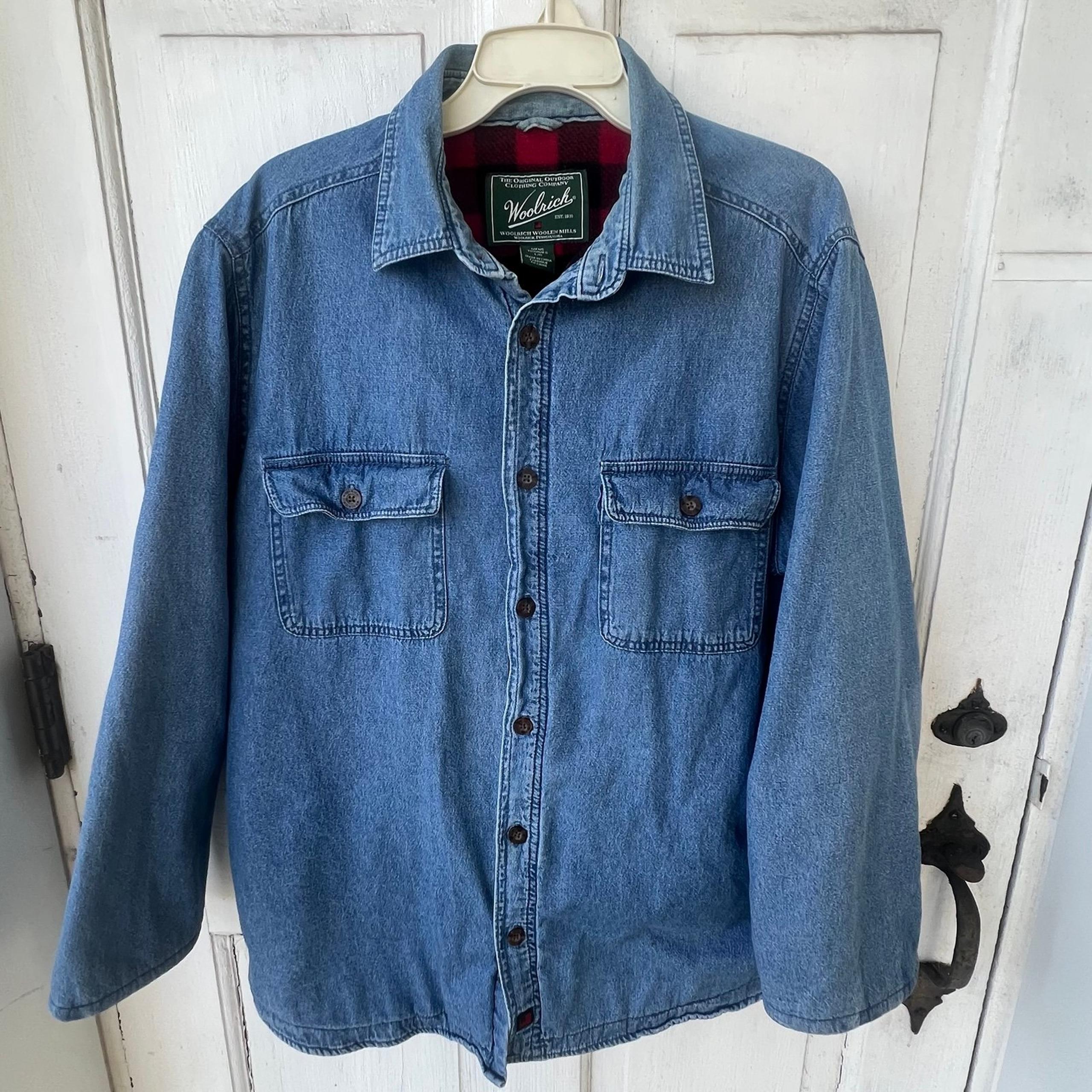 Vintage Woolrich Men's Large Denim Red Plaid Fleece Lined Shirt Jacket Shacket