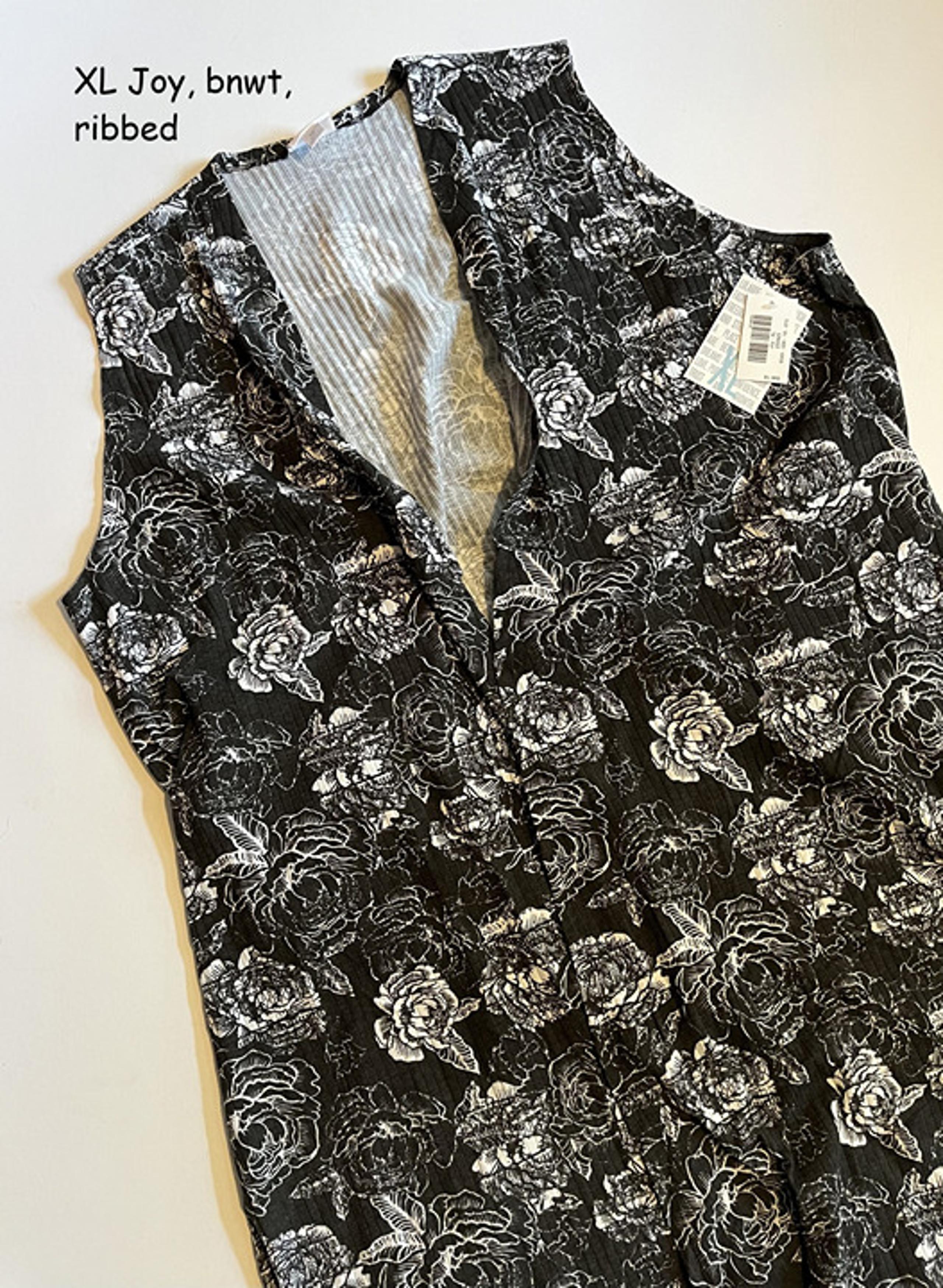 XL Lularoe Joy long vest, black with white roses, ribbed
