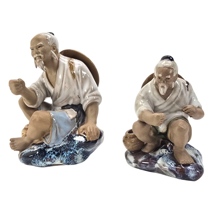 Vintage Asian Fisherman Mudman Figurines Set Of 2 Hand-Painted JE290