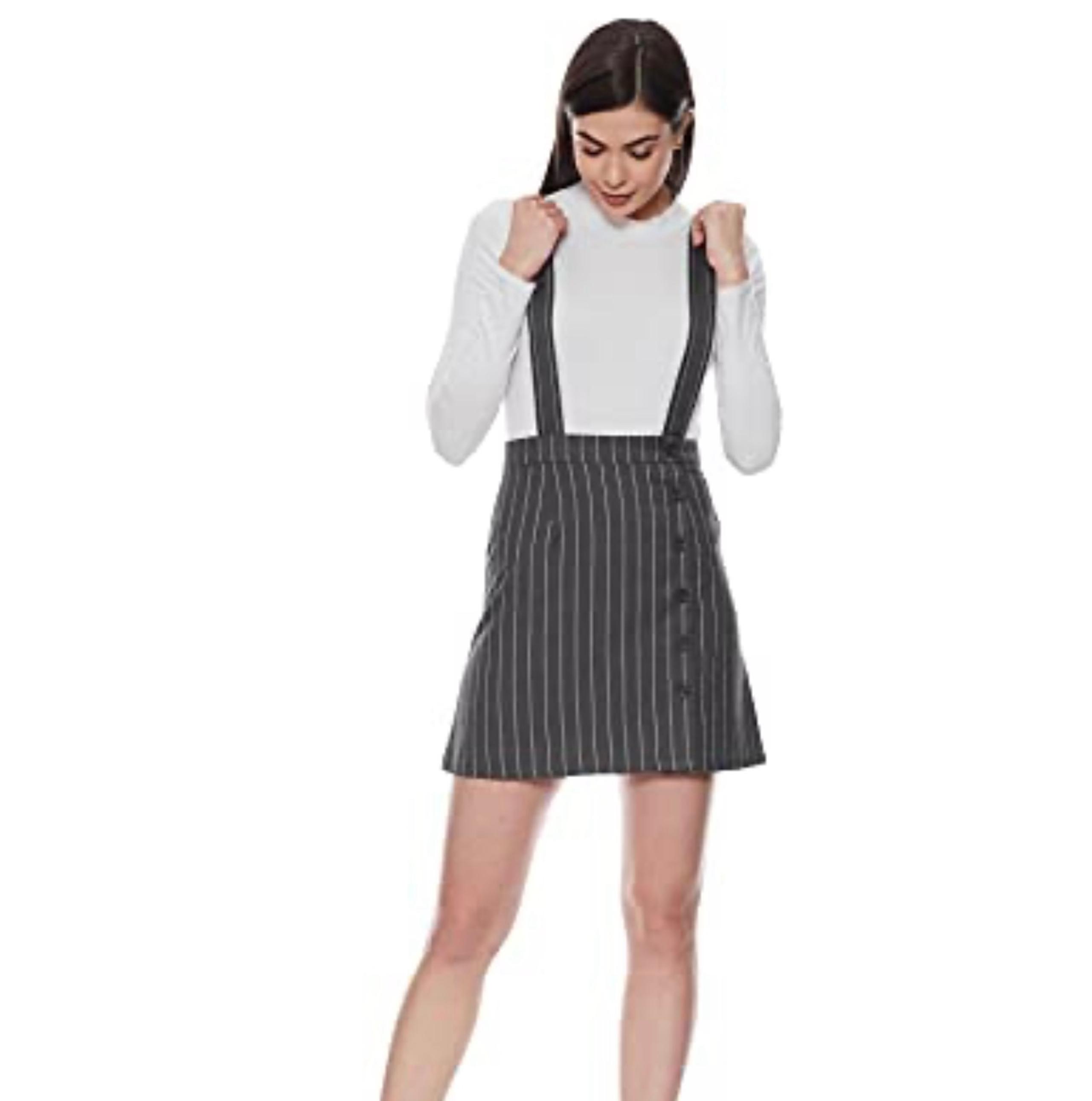 FOREVER 21 Junior Grey/White Pinstripe Suspender A-line skirt