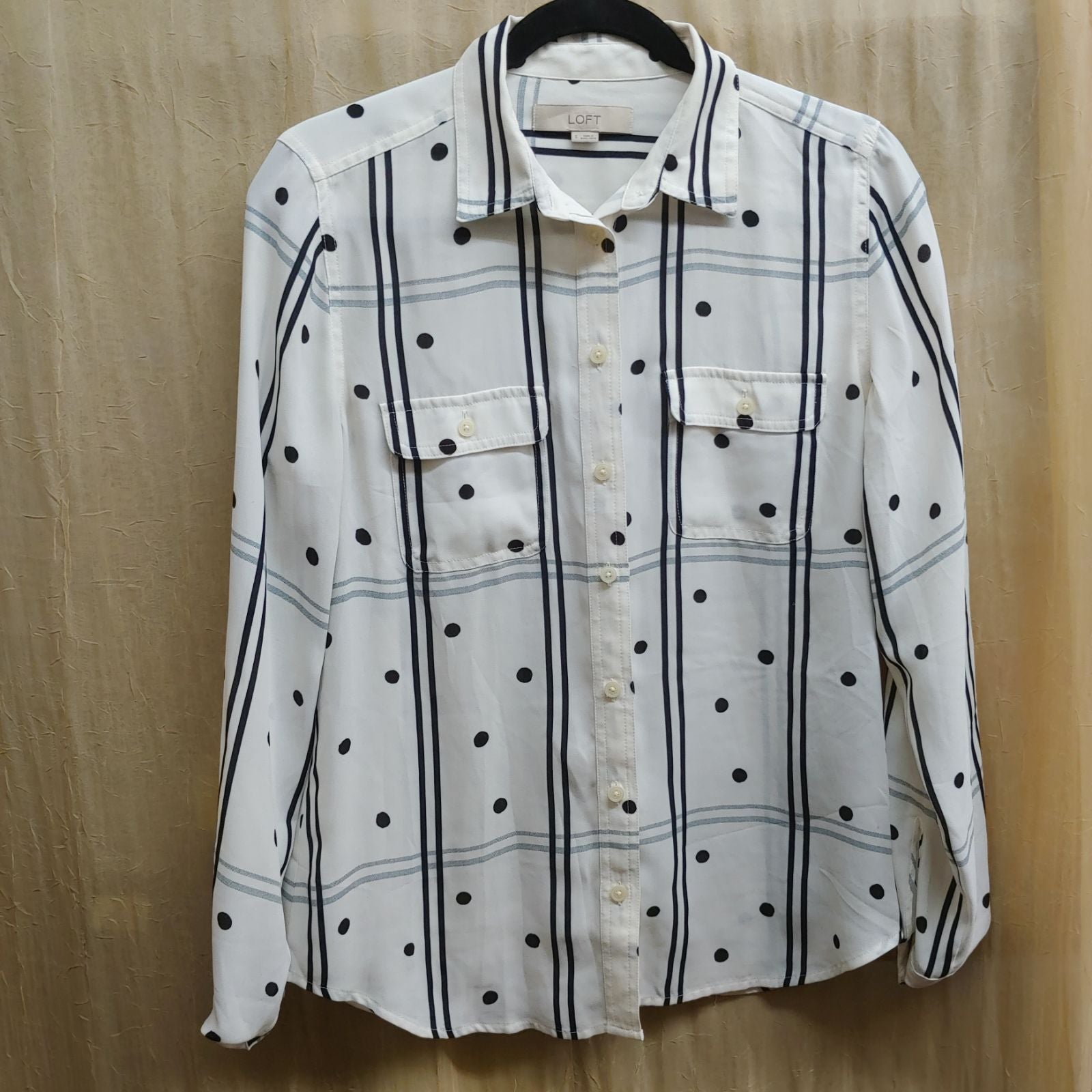 Loft sheer chiffon button down polka dot stripe roll tab long sleeve
