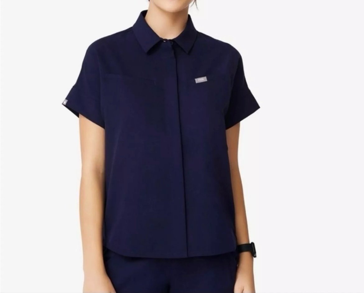 Figs Navy Elmina Button Down Scrubs Top Womens XXS