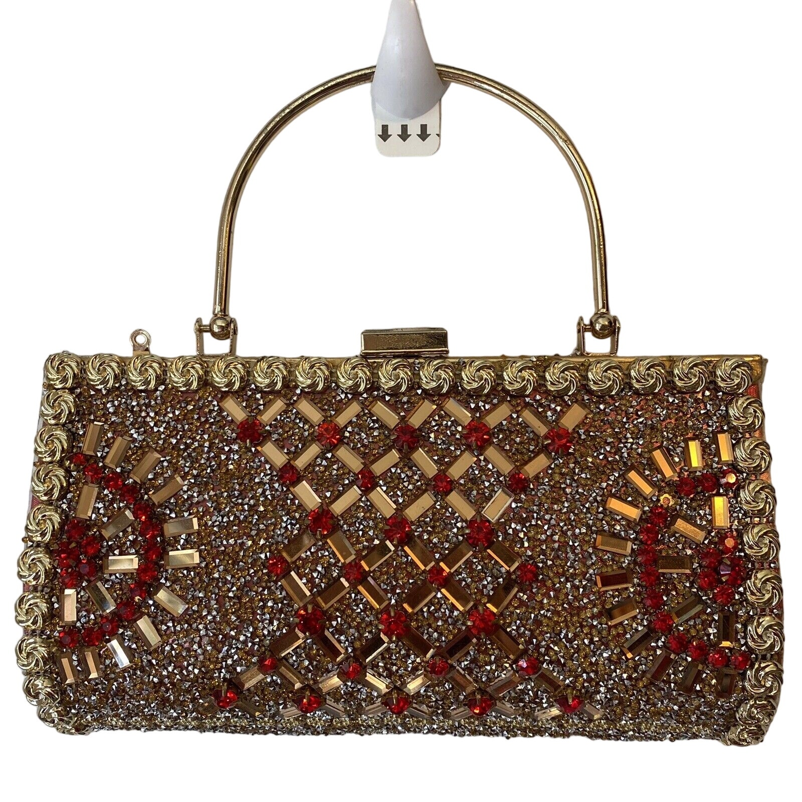 VTG Handbag Top Metal Handle Red Gold Rhinestones Decor Festivals Party Retro