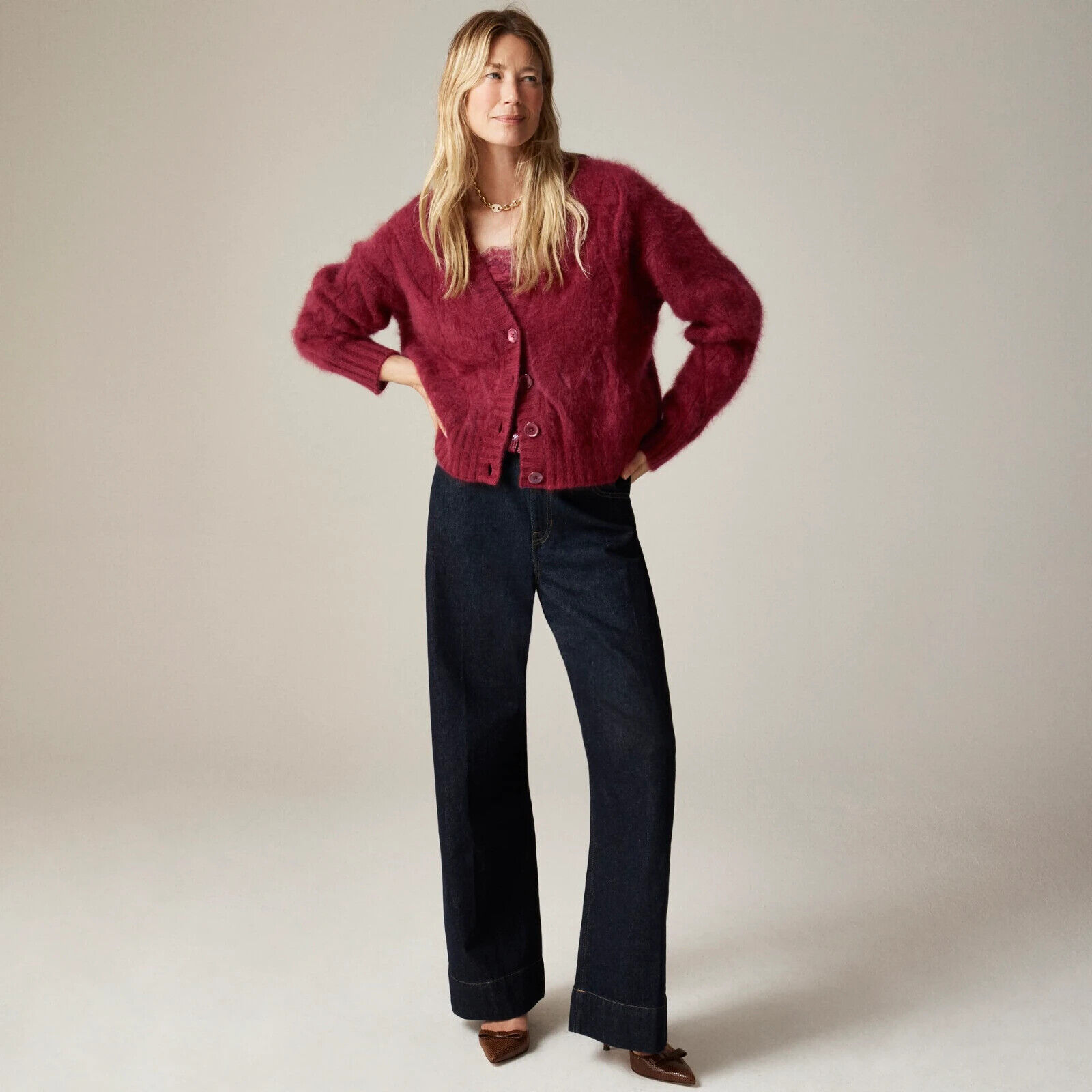 J.Crew Spring Street Brushed Cashmere Cable-Knit Cardigan in Burgundy, Size M