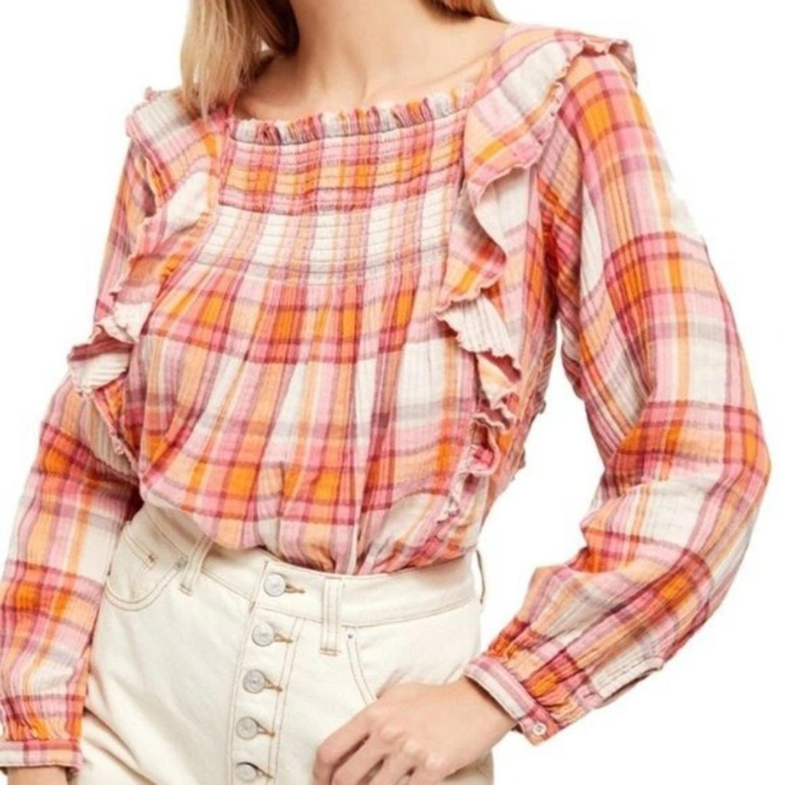 Free People Pullover Plaid Long Sleeve Ruffle Top, Size M New with Tag