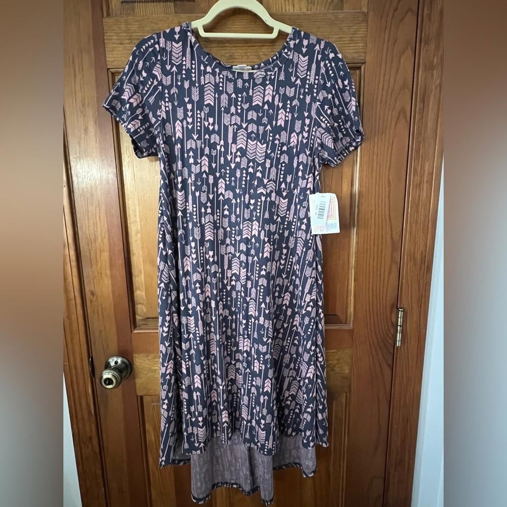 LuLaRoe Carly XS Extra Small dress Steel Gray with Pink Arrows Embroidered NWT