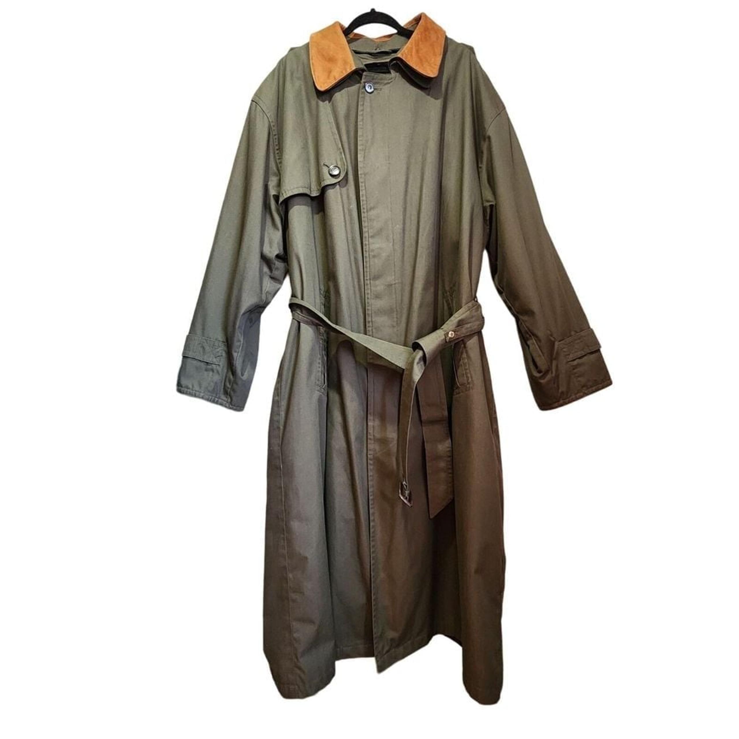 Vintage Clipper Mist Mens Olive Long Lining Trench Coat Suede Collar Size 46 LNG