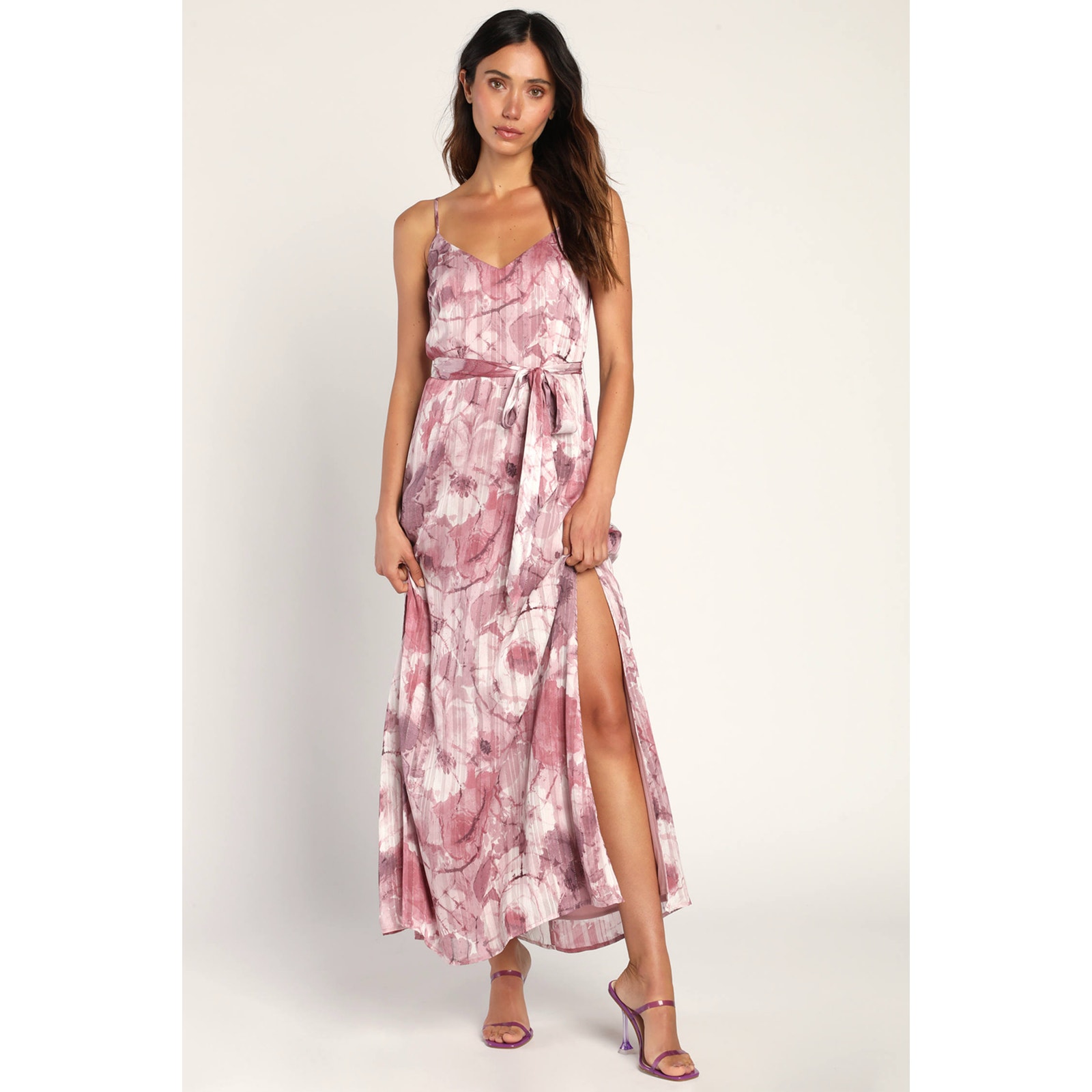 NEW Lulus Sparkling Purple Floral Lurex Spaghetti Straps Slit Maxi Dress Small