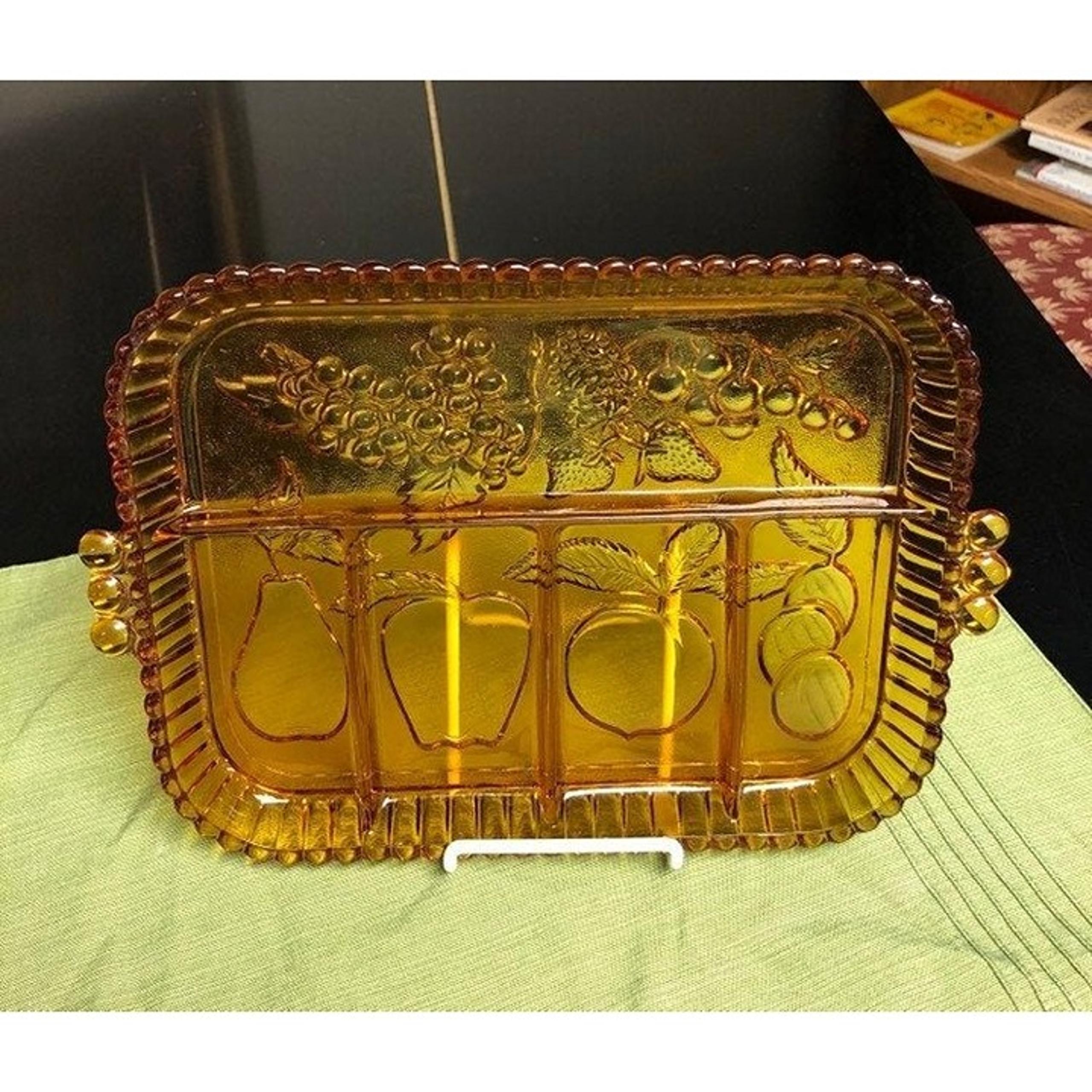 Vintage Indiana Amber Glass Divided Platter Embossed Fruit 1970's