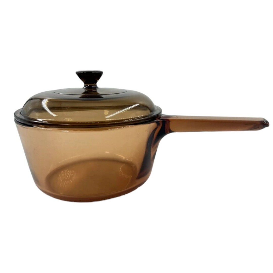 Pyrex Vision Ware Amber Corning 1.5 L Cook Pot Sauce Pan w Lid USA Vintage EUC