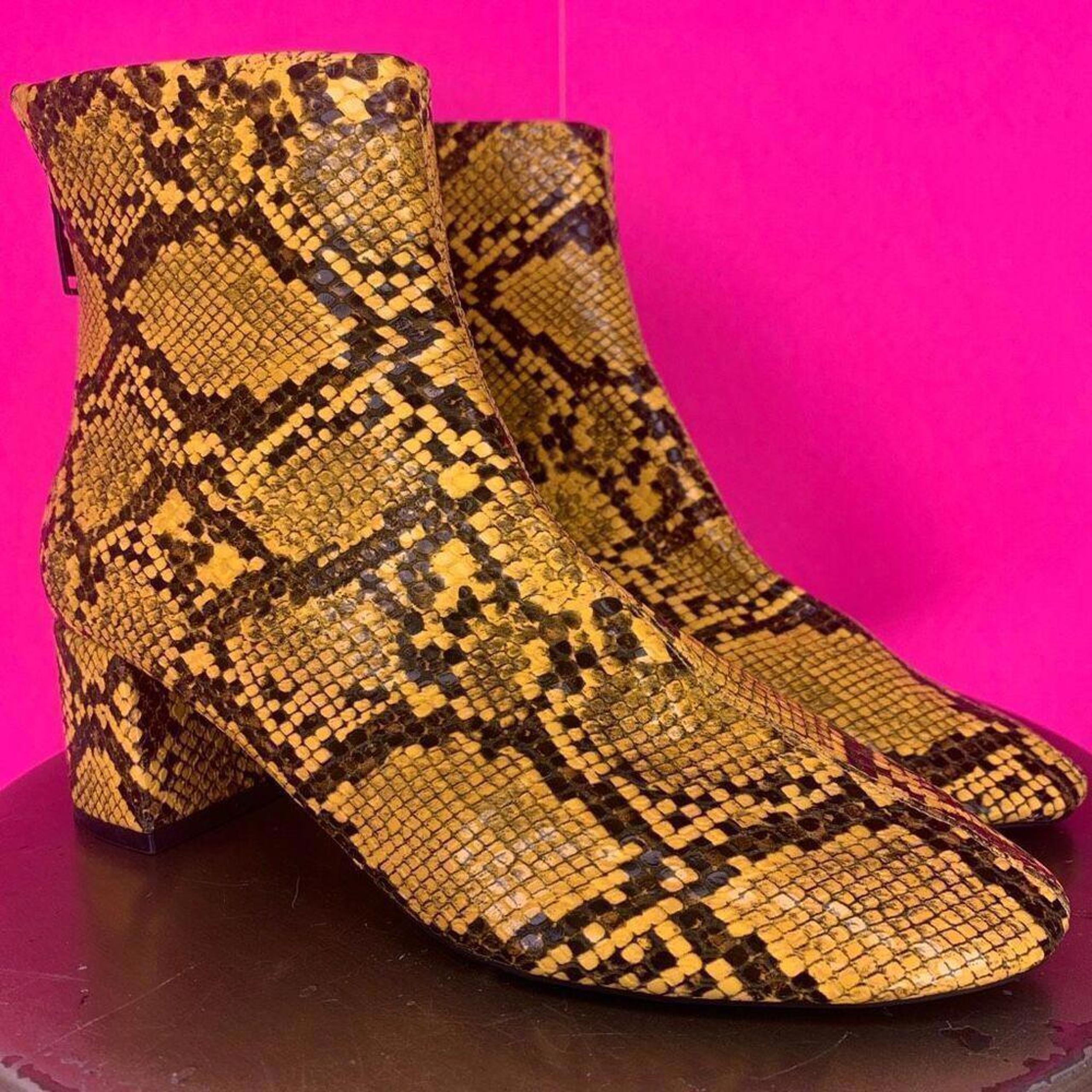 MNG MangoYellow Snake Embossed Faux Leather Low Block Ankle Boot Size 6