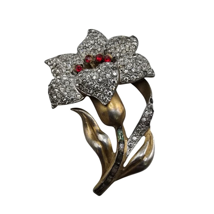 Vintage Signed Artisan NY Crystal Pave Flower Brooch (A8505)