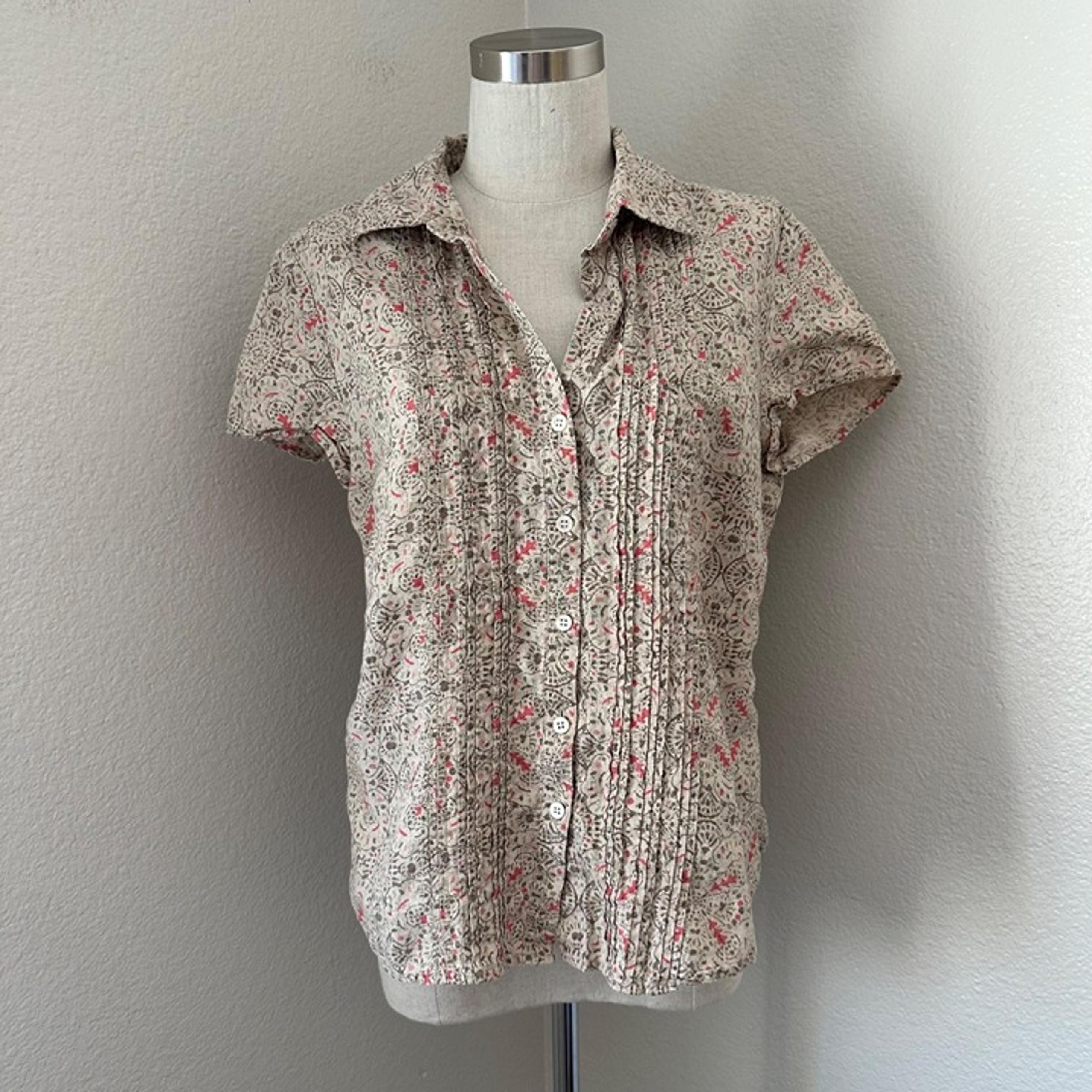 Charter Club Linen Button Up Shirt Pin Tuck Cap Sleeve Beige Floral Print Sz 8