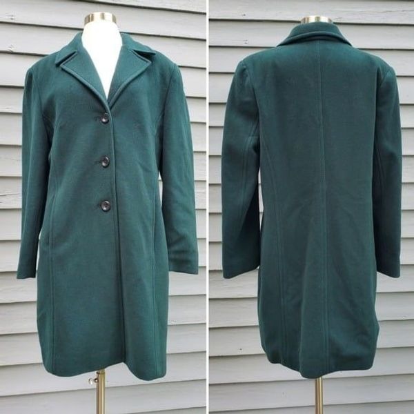 Vintage 90s y2k Lambswool Cashmere Blend Hunter Green Midi Trench Peacoat 12