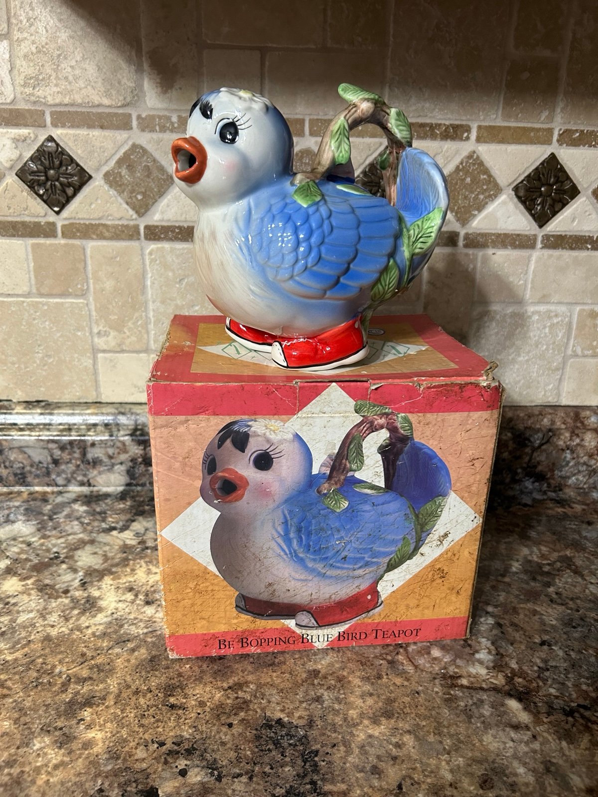 Vintage Anthropomorphic Be Bopping Blue Bird Teapot Ceramic Original Box•NOS