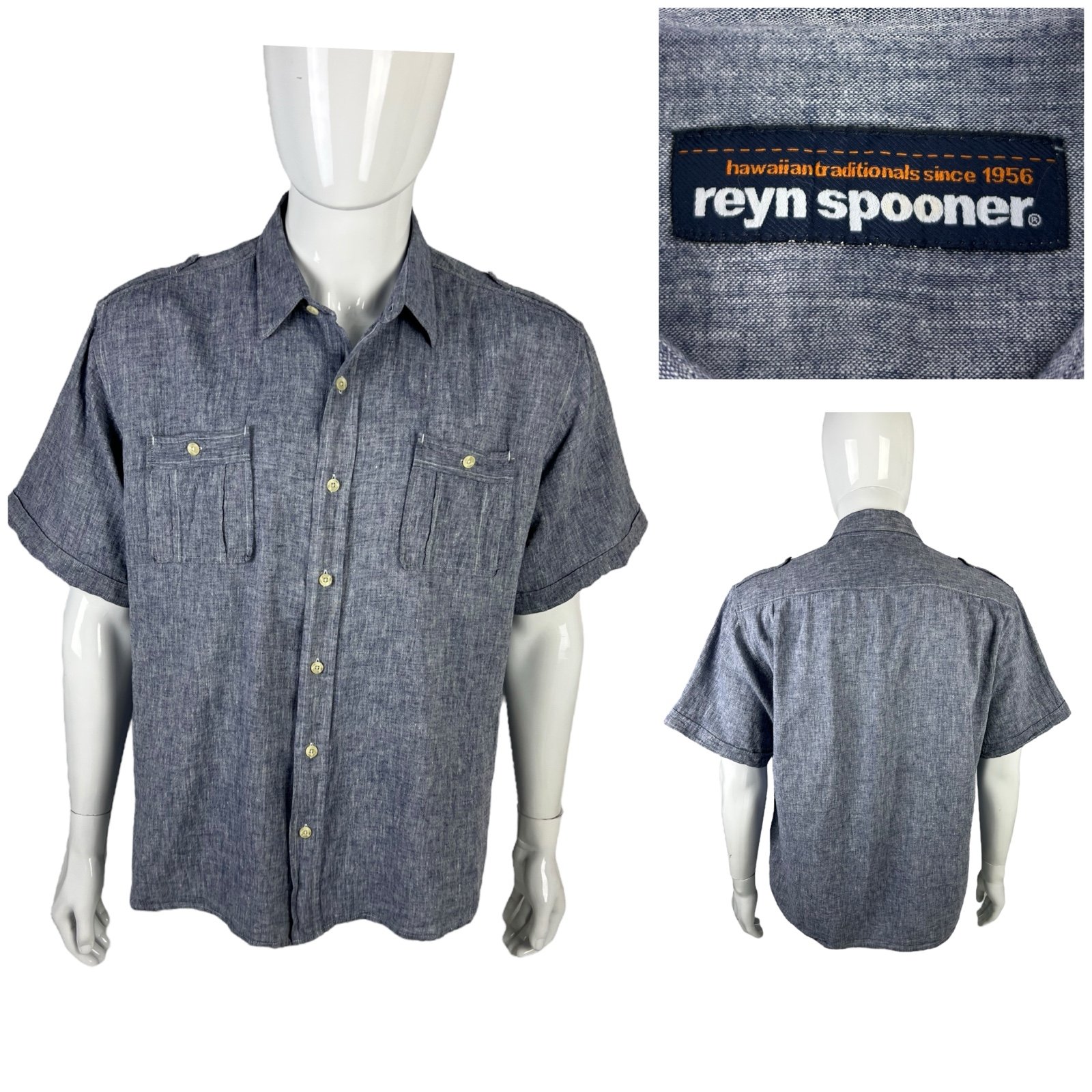 Reyn Spooner Mens Large Shirt Chambray Blue Linen Cotton Blend Short Sleeve