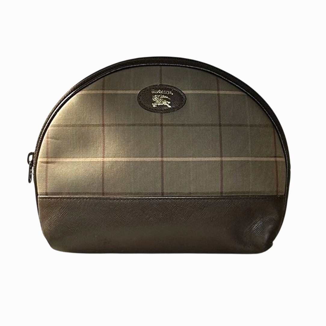 Authentic Vintage Burberrys Brown Leather and Plaid Zip Pouch