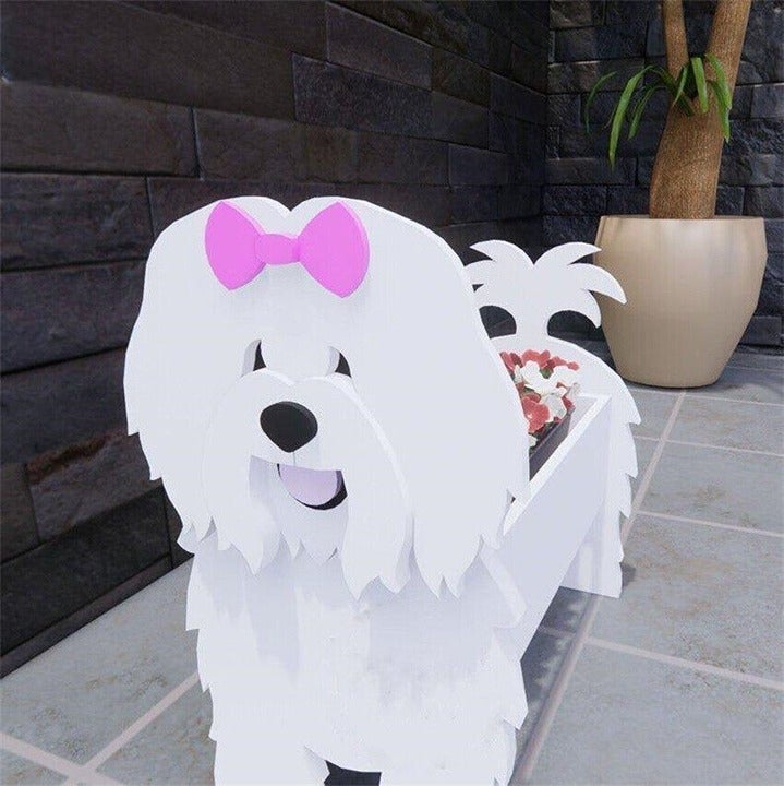 New 3D Wooden White Coton de Tulear Durable Cute Dog Puppy Flowerpot Planter