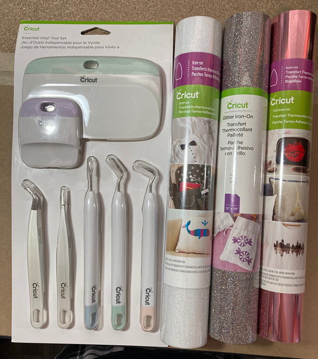 Cricut Essential Vinyl Tool Set and iron on rolls, glitter/foil NEW