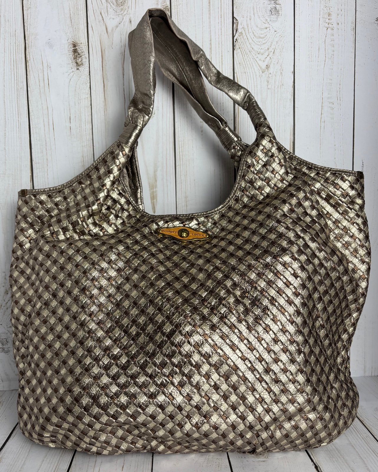 Elliott Lucca Metallic Woven Soft Leather Hobo Shoulder 11x18x4 Drop 9” Pockets