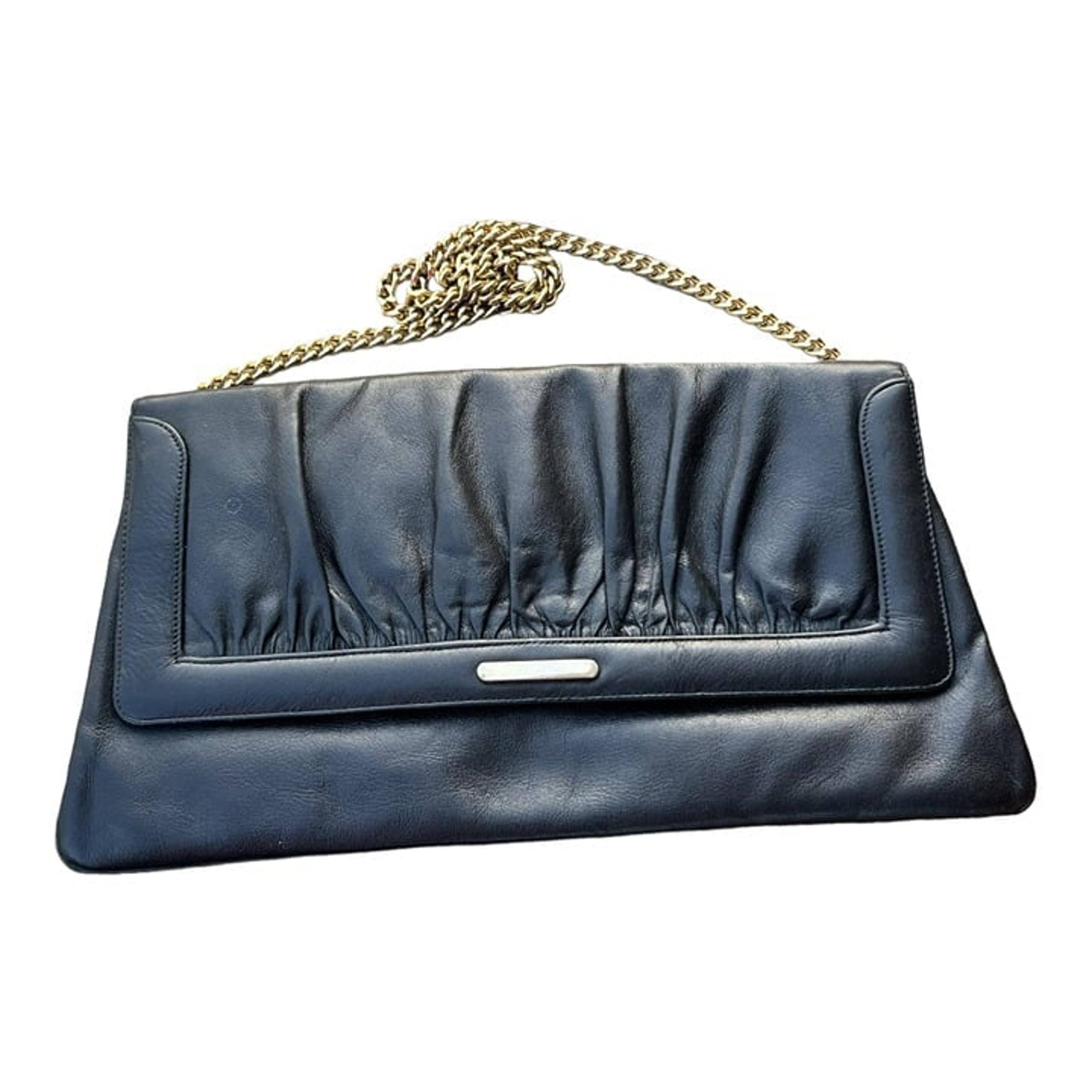 Susan Gail Black Leather Clutch Evening Bag Purse w/Gold Chain Strap Vintage