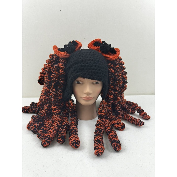 Handmade Crochet Halloween Wig Kawaii Hat Bats Bows Curls Adults Black Orange