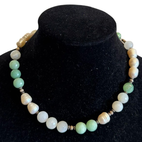 Sterling Silver Freshwater Pearls Quartz and Aventurine Gemstone Beaded Necklace