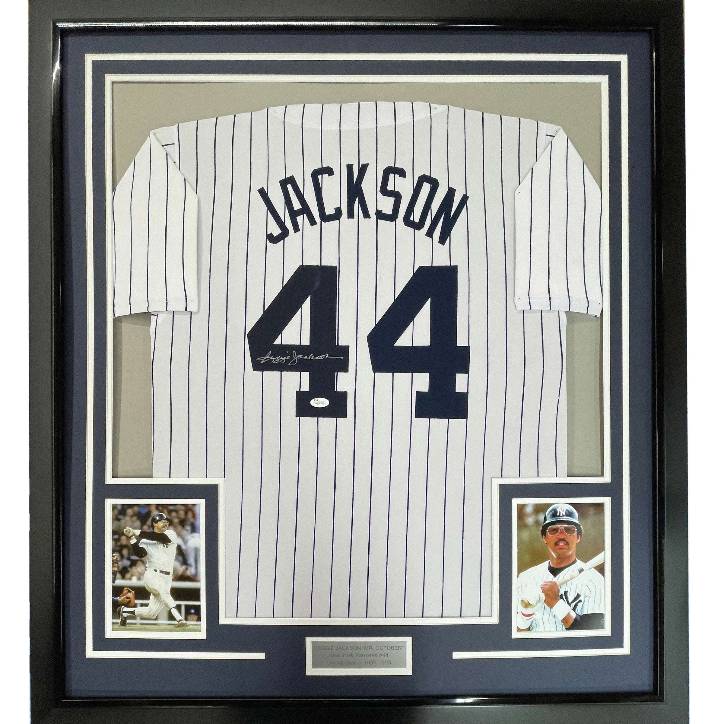 Framed Autographed/Signed Reggie Jackson 35x39 New York Pinstripe Jersey JSA COA
