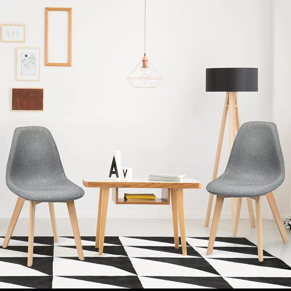 Set of 2 Dining Chair Fabric Cushion Seat Modern Mid Century w/Wood Legs