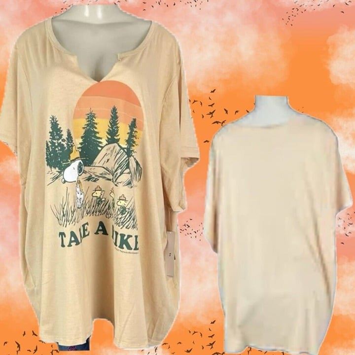 Vinyl Icons Plus 6 Peach Peanuts Take A Hike Graphic Split Neck Short Sleeve Tee