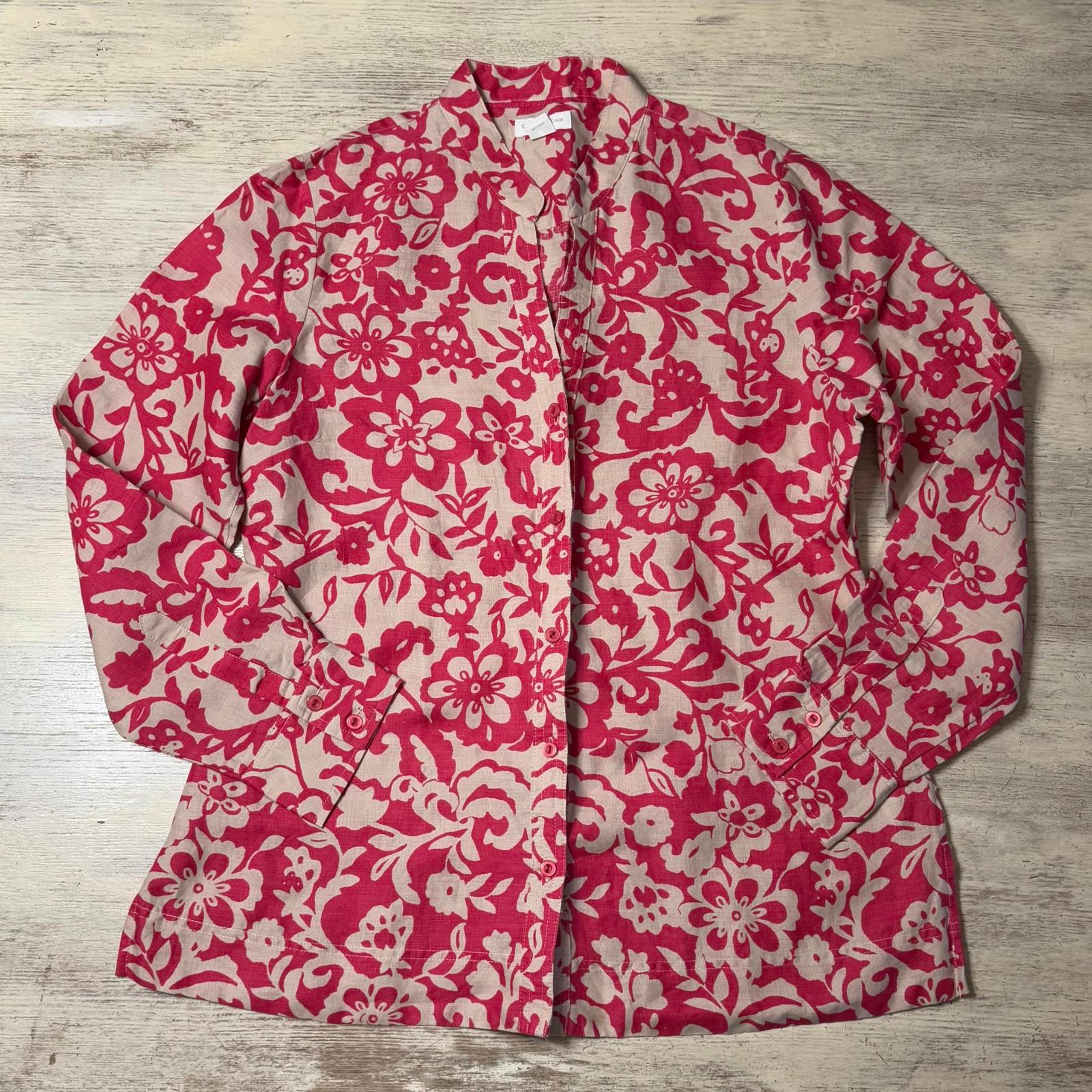 EUC Charter Club Pink Floral Linen Button Down Shirt Size 12