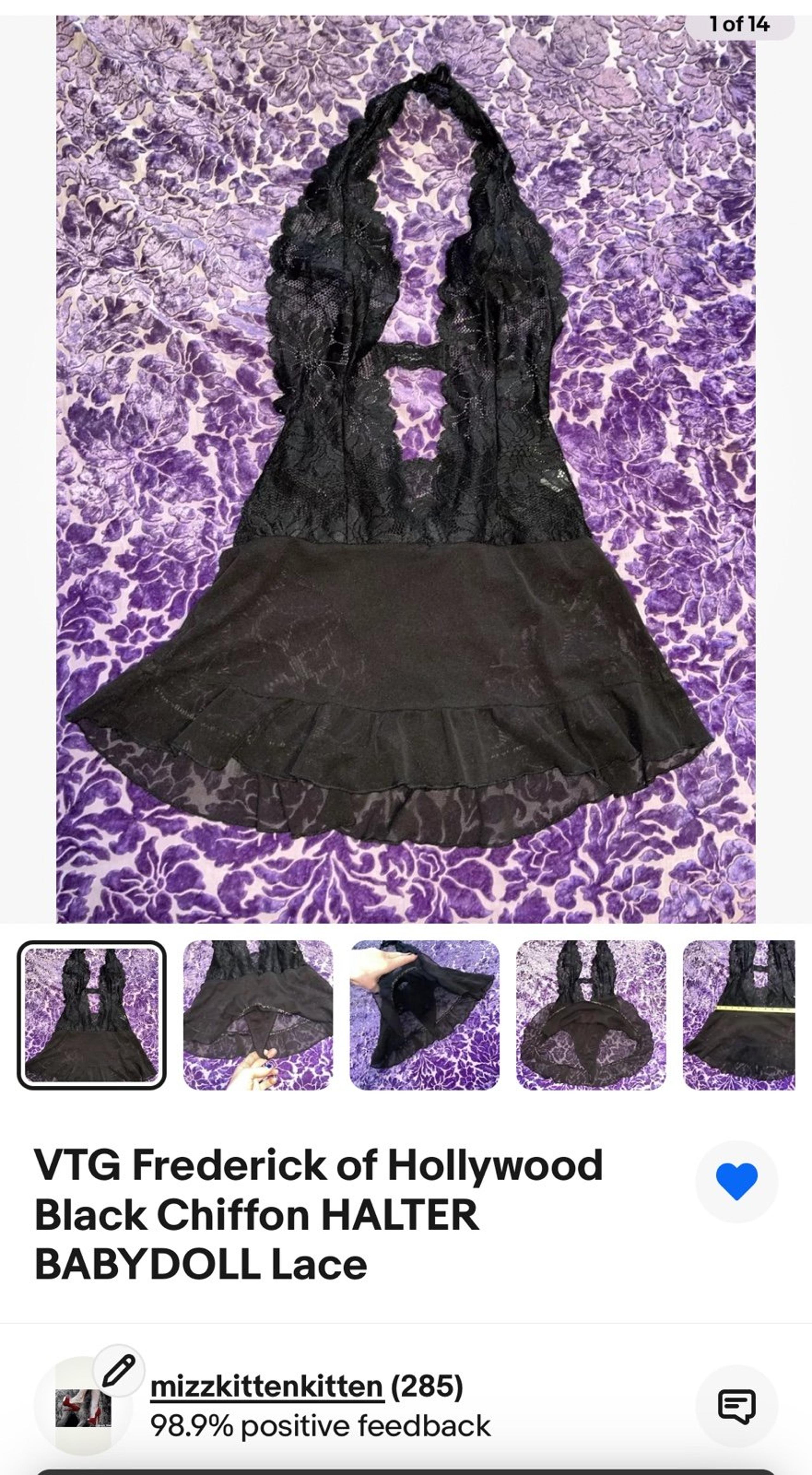 VTG Frederick of Hollywood Black Chiffon HALTER BABYDOLL Lace