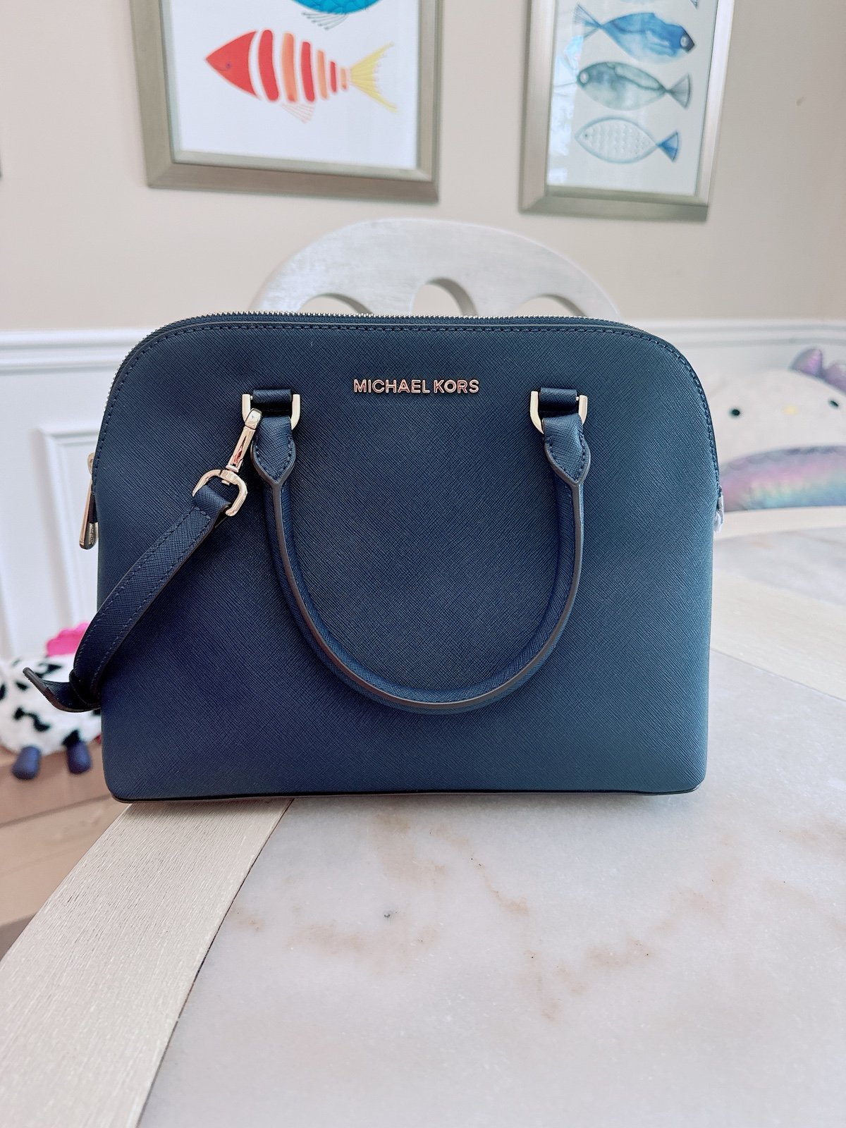 Michael Kors Cindy Large Dome Satchel Navy leather/crossbody/NWT