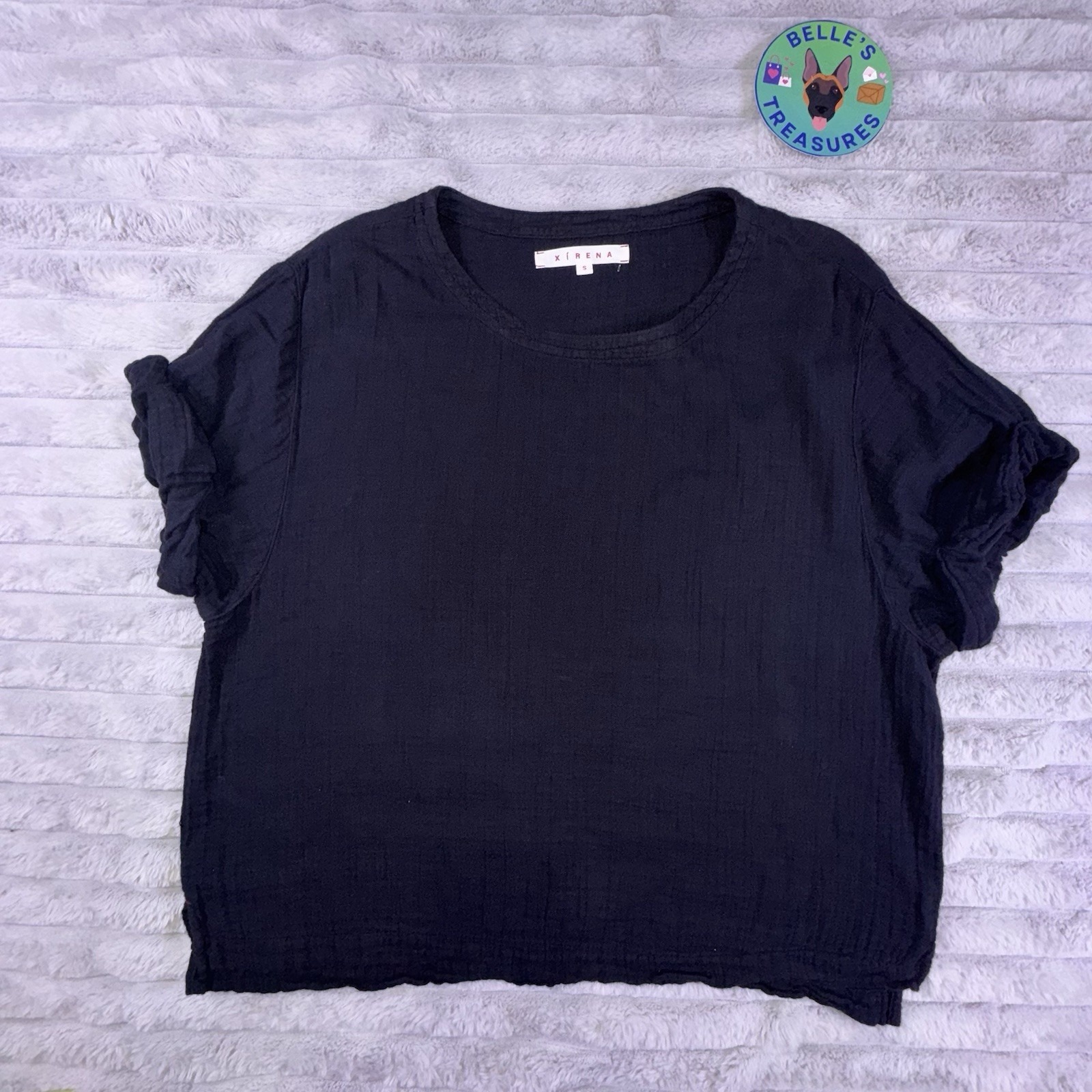 Xirena Shirt Small Savoy Black 100% Cotton Gauze Roll Sleeve USA Made Oversized