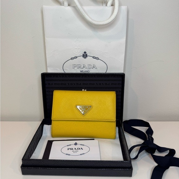Prada Triangolo Yellow Citron Small Saffino Lather Wallet.