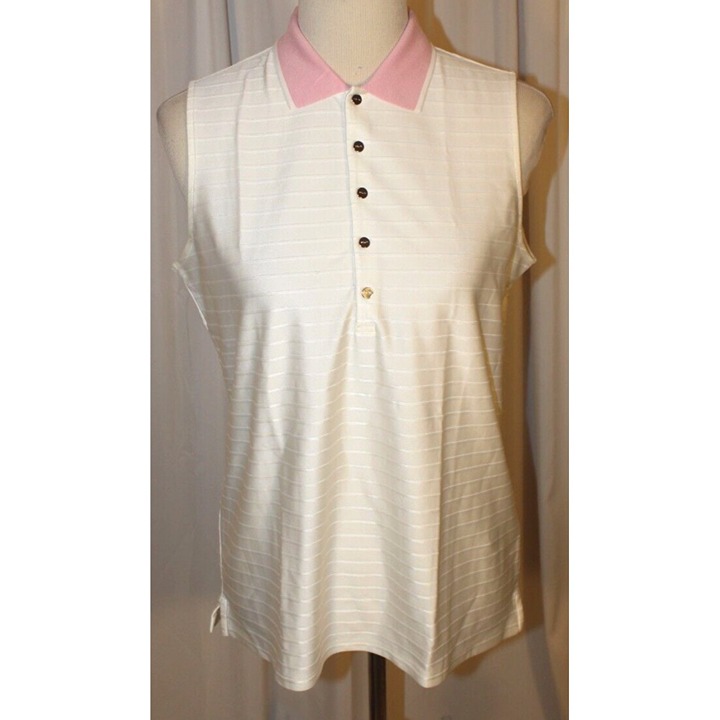 NEW RLX Ralph Lauren Women’s LARGE Ribbed Sleeveless Polo Golf Shirt White Pink