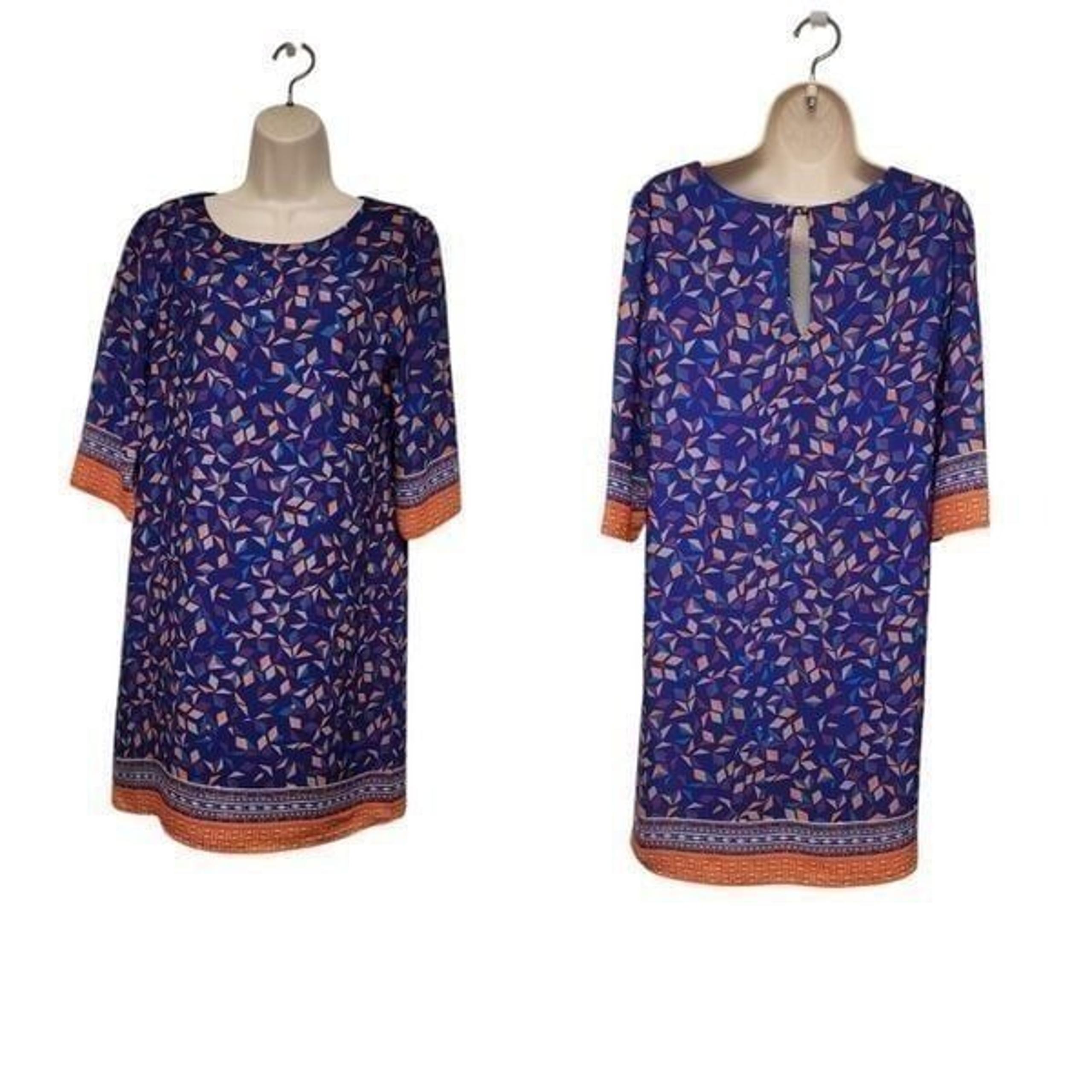 Everly Womens Blue/Orange Diamond Pattern Shift Dress Size Medium