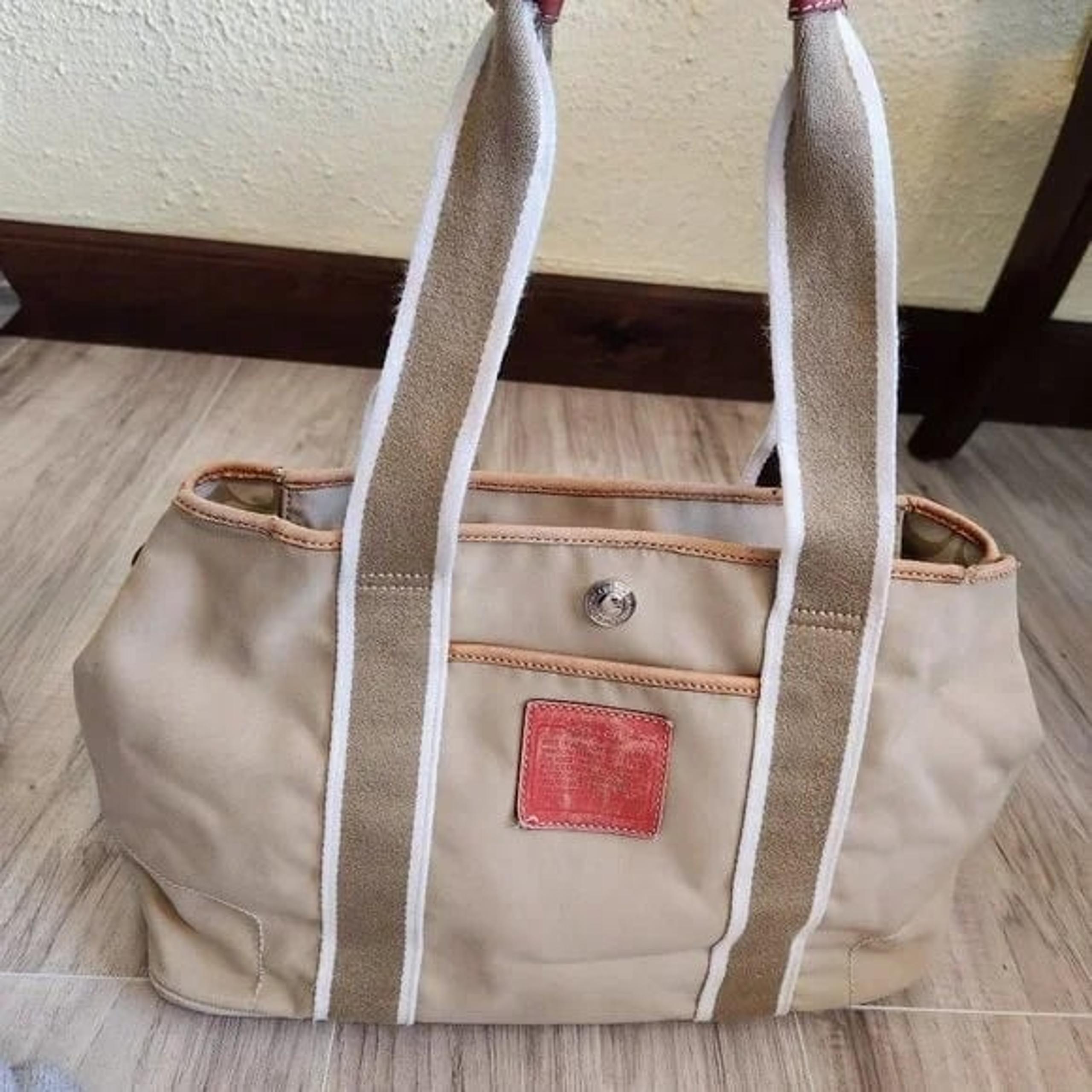 Hampton Sateen Beige Satchel Tote Bag Purse - Coach
