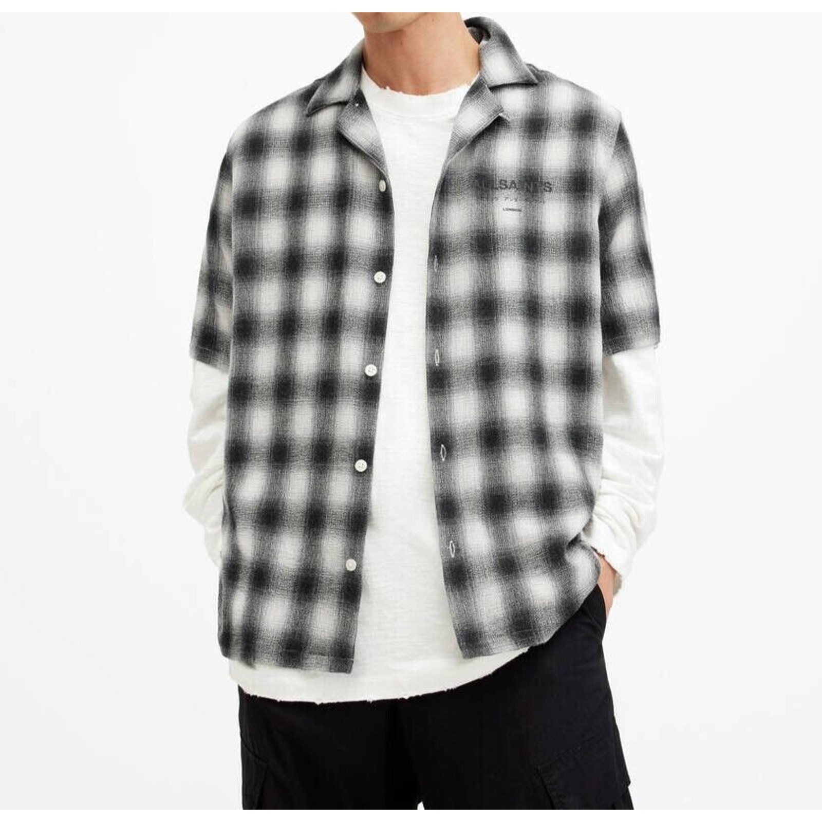 AllSaints Underground Relaxed Check Logo Shirt Black Gray Button Down Cotton XXL