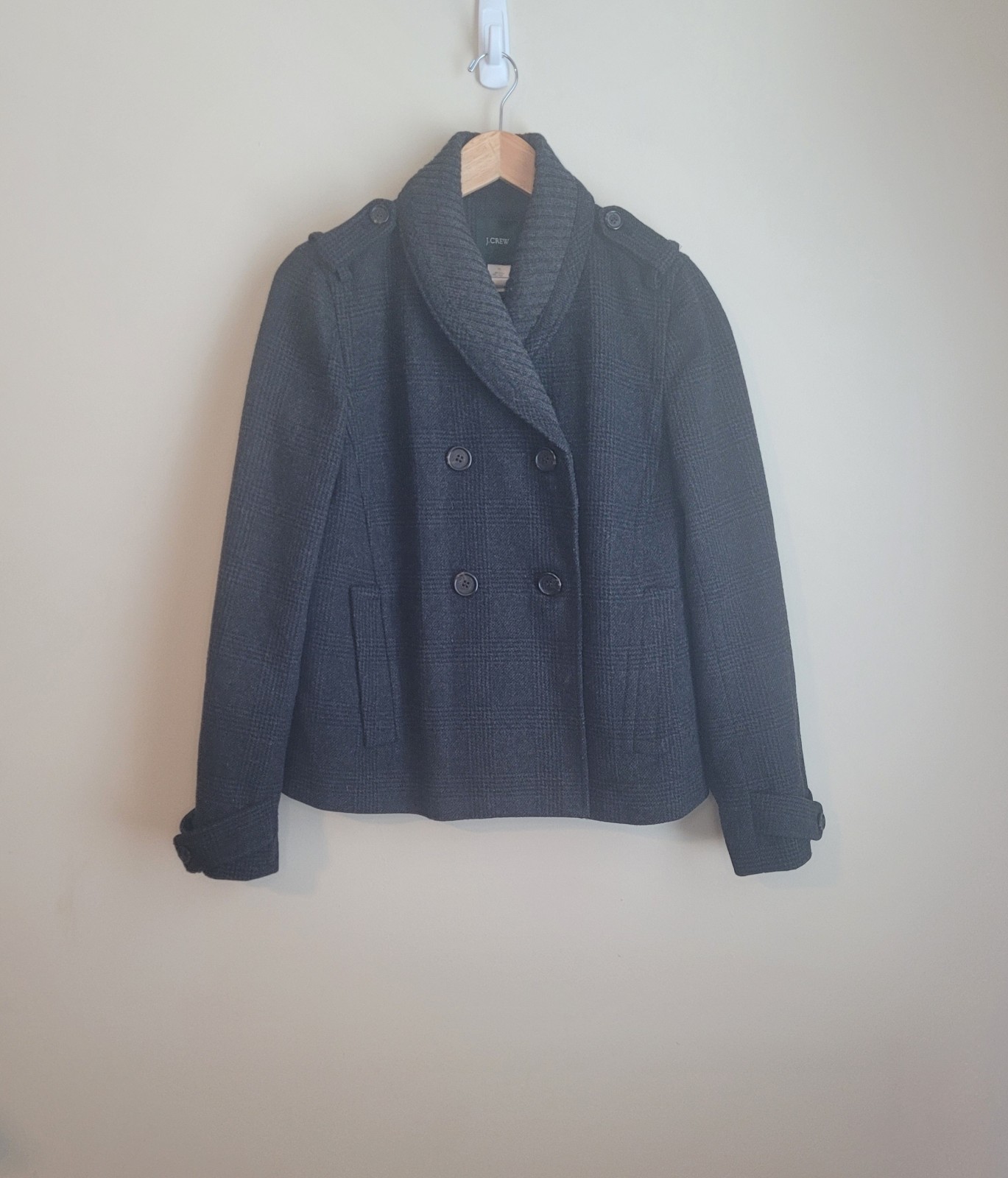 J.Crew Shawl Collar Double Breasted Tweed Plaid Peacoat Size 10 Dark Gray
