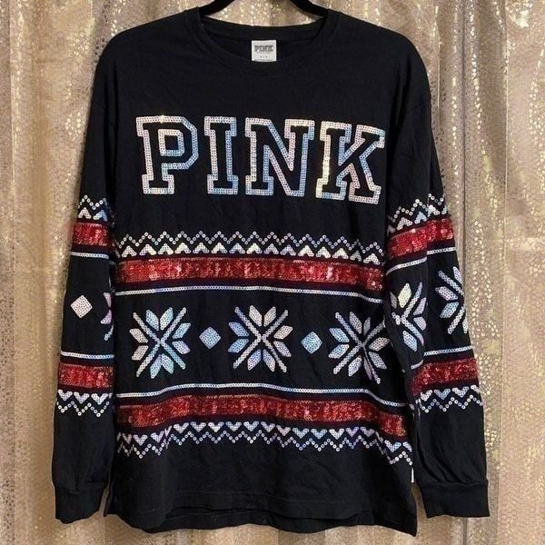 VS PINK sequin bling holiday long sleeve shirt, size S