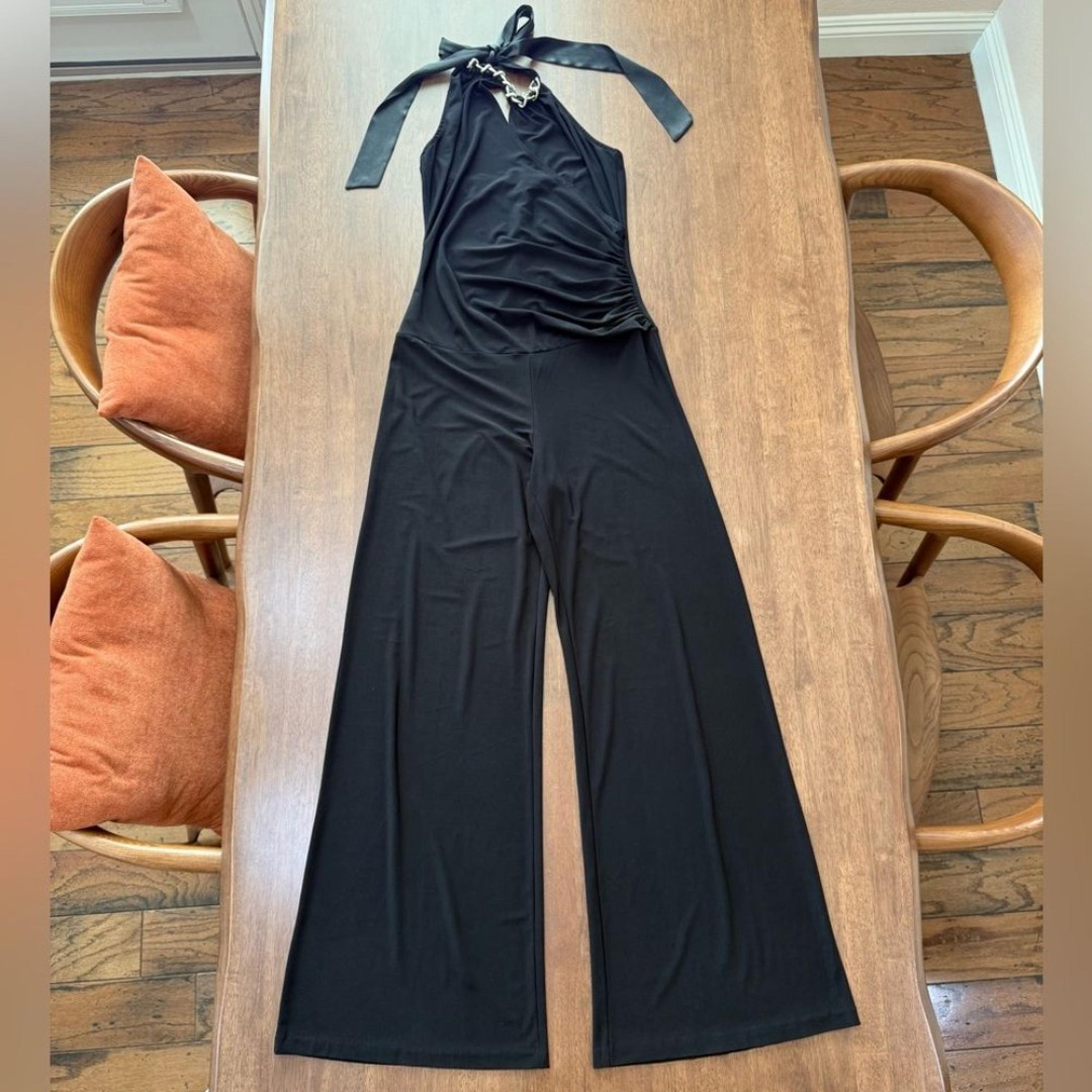 Cache Black Halter Chain Jumpsuit Size M Wide Leg Stretchy Evening Glam USA