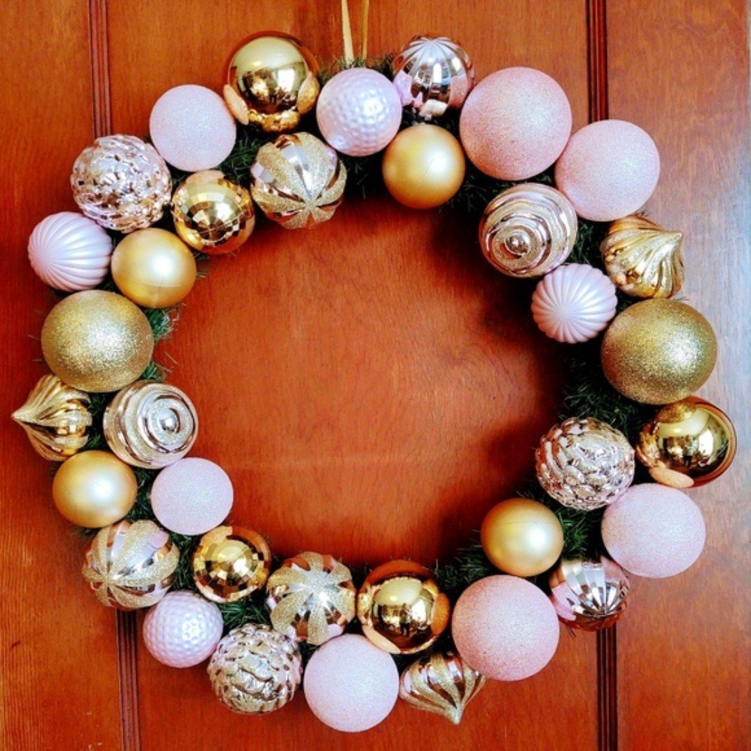 Hand Crafted Pink and Gold Christmas Ornament Wreath 20 Front Door Decor