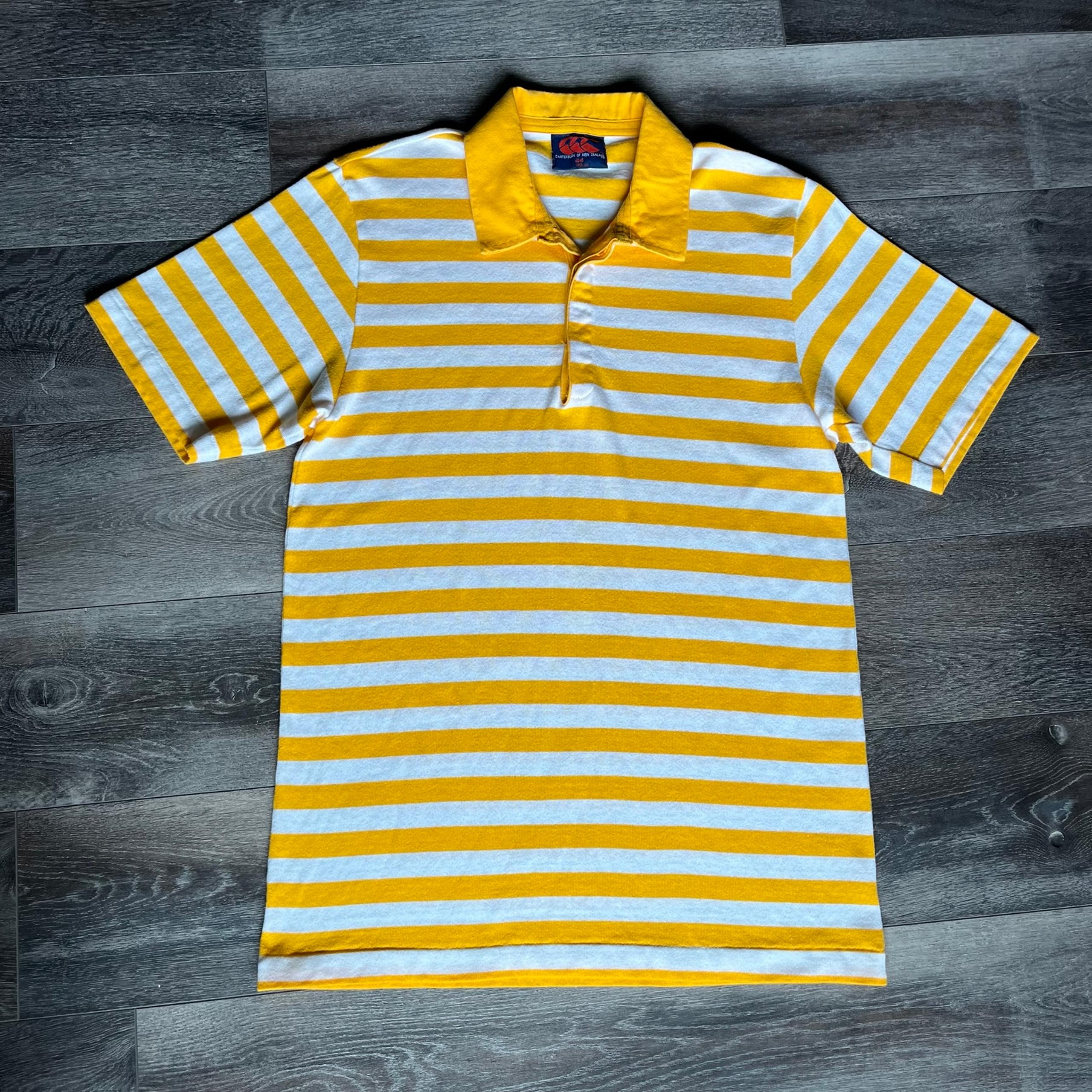 Vintage 1990s Canterbury of New Zealand White Yellow Striped Polo Shirt