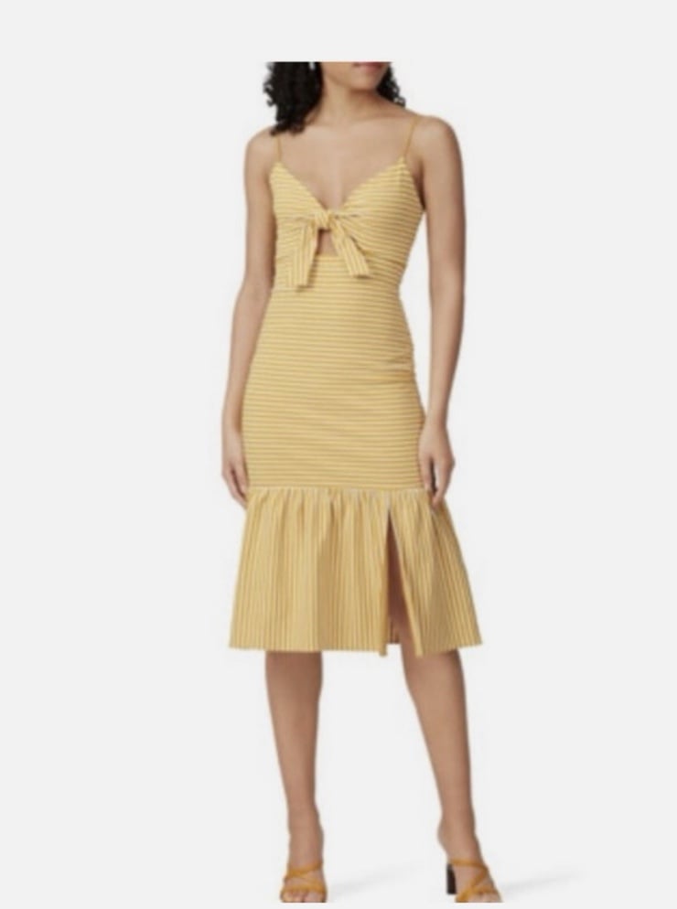 Saylor Doris Midi Dress in Mustard Yellow Stripe Size S Cutout Tie Front!!